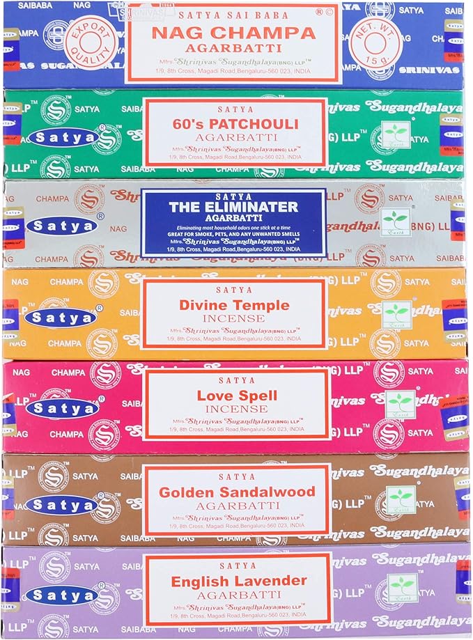Satya Incense Sticks Gift Set, 7, Scents Nag Champa, 60s Patchouli, The Eliminater, Divine Temple, Love Spell, Golden Sandalwood, English Lavender, 15 g Each (Oriental Mix) Satya