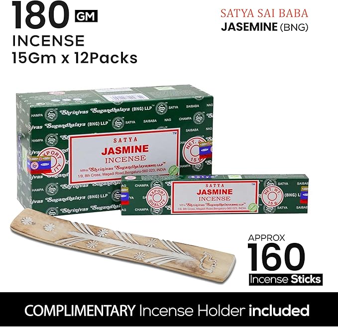 Satya Jasmine & Nagchampa Incense Sticks - 15gmx12 Pack with Raajsee Incense Holder - Bloomnest