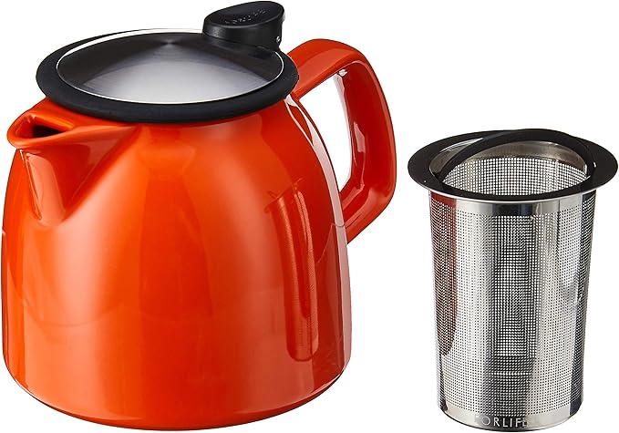 FORLIFE Bell Ceramic Teapot with Basket Infuser, 26-Ounce/770ml, Carrot - Bloomnest