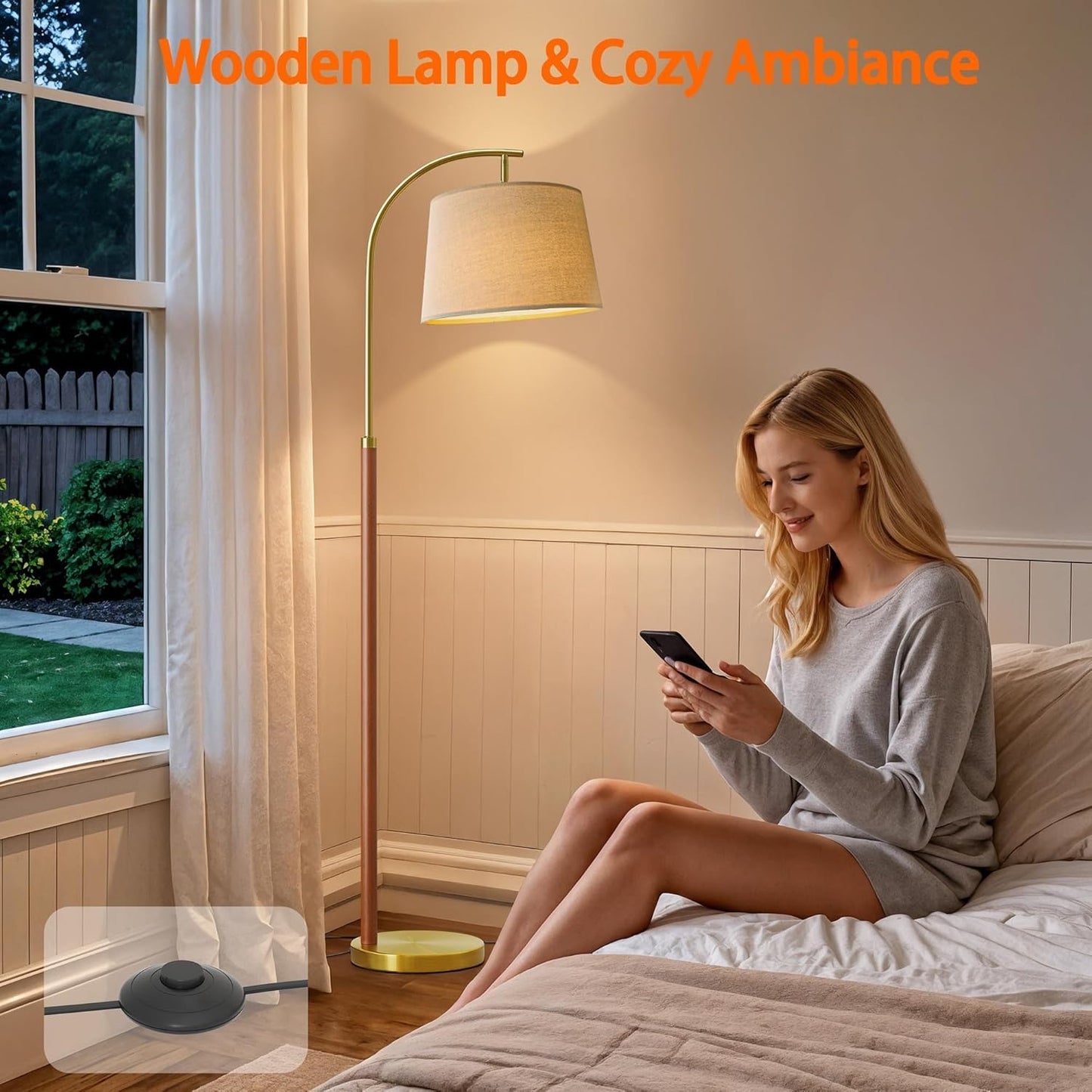 62.5" Wood Floor Lamp for Living Room Gold with Foot Switch Arc Standing Tall Lamps for Bedroom Mid Century Modern Corner Floor Lamps for Office Nursery Industrial Reading Light Room Lamp