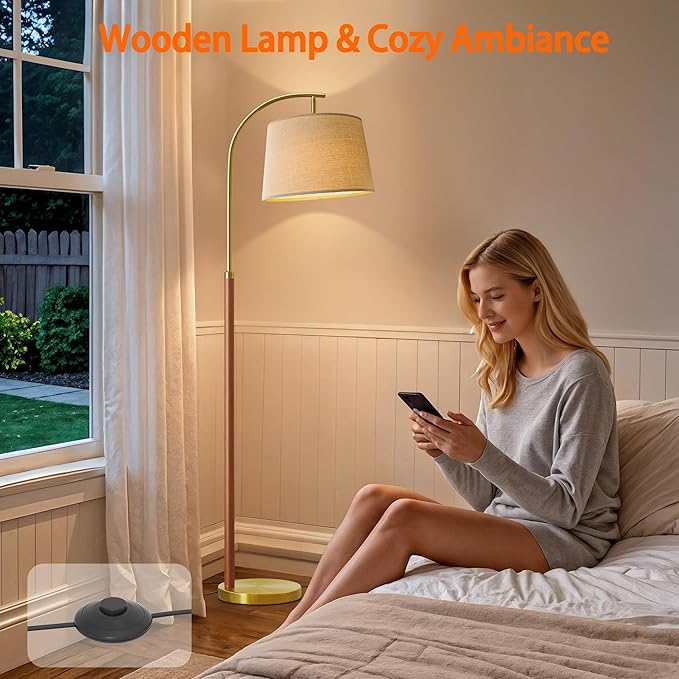 62.5" Wood Floor Lamp for Living Room Gold with Foot Switch Arc Standing Tall Lamps for Bedroom Mid Century Modern Corner Floor Lamps for Office Nursery Industrial Reading Light Room Lamp - Bloomnest