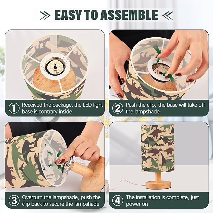 Table Lamp Army Camouflage Dinosaur Pattern Military Camo Nightstand Lamp with Wood Base Fabric Lamp Shade Bedside Desk Lamp for Living Room Bedroom Kids Room Office - Bloomnest