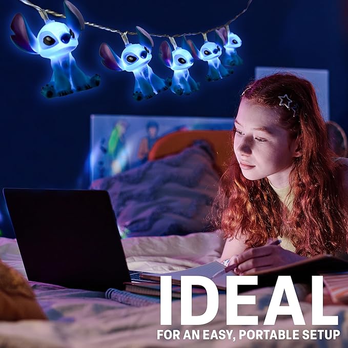 Disney Stitch LED String Lights for Kids, Teens, Adults, 10 Battery Operated Indoor 59” Fairy Lights, Room Decor Lighting, Gifts for Kids (Blue Stitch) - Bloomnest