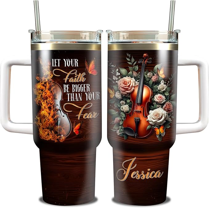 WAZONE Personalized Vintage Violin Tumbler 40oz with Handle and Straw Custom Name Let Your Faith Be Bigger Than Your Fear Stainless Steel Coffee Mug Novelty Gift For Violinist Girl Women Men - Bloomnest