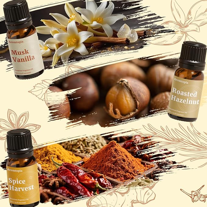 Diffuser Essential Oils, Aromtopia Fall Fragrance Oil for Candle Making, Essential Oils for Diffusers for Home, 6x10ml Autumn Set, Soap Making Scents, Pumpkin Pie, Musk Vanilla, Autumn Wildness, More - Bloomnest
