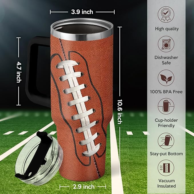 SANDJEST Football Tumbler with Handle 40oz Insulated Stainless Steel Cup with Lid & Straw, Travel Cup, Gifts for Men, Boys, Players, Coaches, Sports Lovers, Christmas, Birthday - Bloomnest