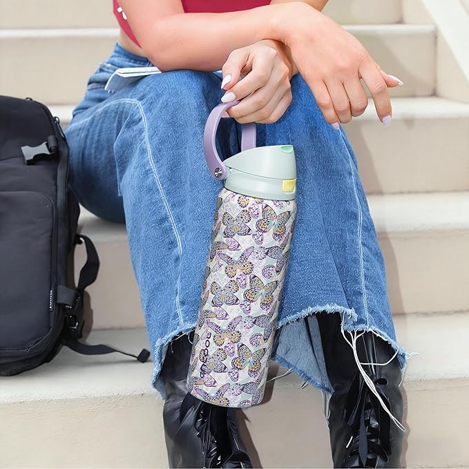 ENCOOL Leakproof Insulated Water Bottle with Straw Dual-Sip Water Bottle Bag-Safe Design for Work, Commute & Gym – Keeps Drinks Cold All Day, 32 oz, Mosaic Butterfly ENCOOL