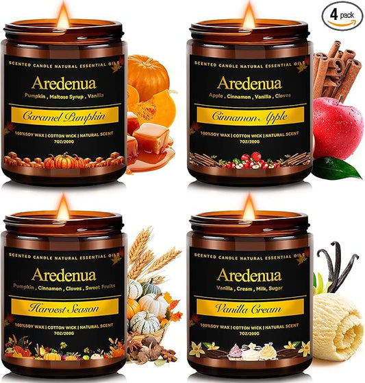 Fall Candles Set | 4 Pack Autumn Scented Candles - Fall Candle Gifts for Women Men, Soy Candles for Home Scented - Autumn Scent of - Pumpkin/Cinnamon Apple/Harvest/Vanilla Cream - Bloomnest