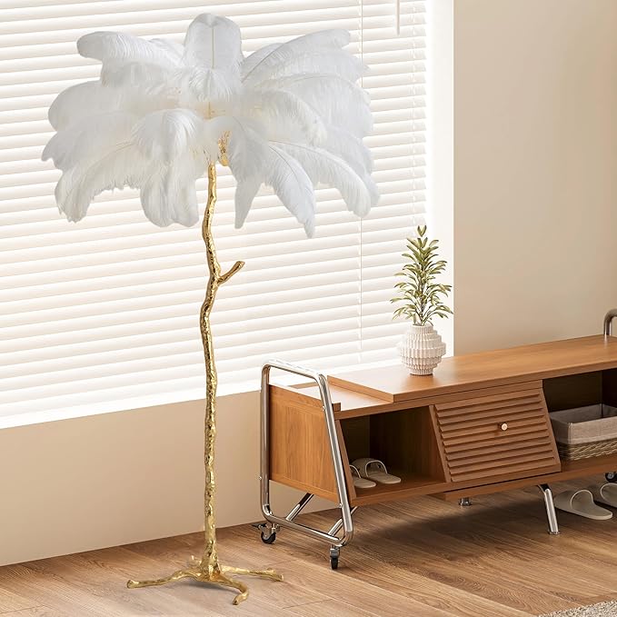 MAYOLA Luxury Resin Ostrich Feather Lamp, 35 Pieces Real Ostrich Feathers,Floor Lamp,for Living Room, Bedroom and Office 67” Tall Feather Lamp(White, Floor Lamp) - Bloomnest