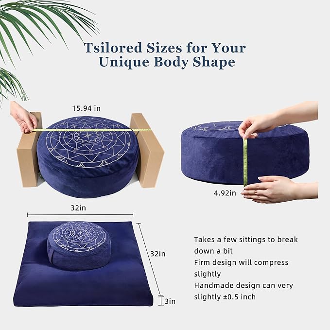 Zafu & Zabuton Meditation Cushion Set - Buckwheat Hull & Memory Foam Pillows, Ergonomic Support for Yoga, Mindfulness - Organic Velvet Cover, Large Size, Durable Comfort (Dark Blue) - Bloomnest