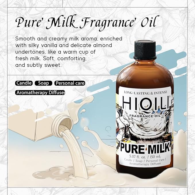 HIQILI Pure Milk Fragrance Oil for Home Diffuser, Ideal for Making Soap, Candles, Sugar Scrub, Skin & Body, Pet Safe - 5.07 Fl Oz HIQILI