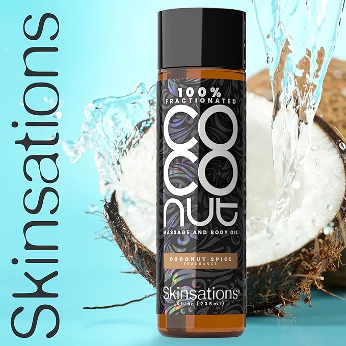 Skinsations - Scented Body Oil - Coconut Spice - 100% Fractionated COCONUT Oil - Fragrance Oil for Skin, After Shower Body Oil for Women and Men, Body Moisturizer, Bath Oil, Hydrating Massage Oil