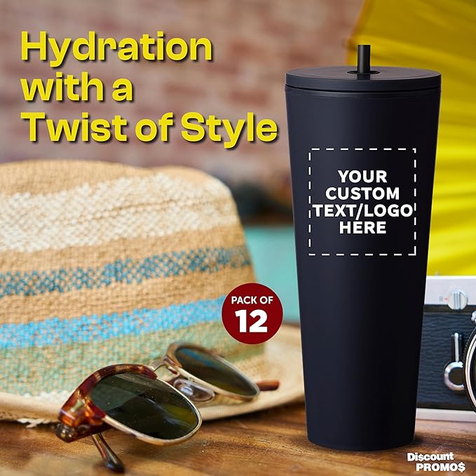 DISCOUNT PROMOS Custom Kenai Plastic Tumblers with Straw 24 oz., Set of 12, Personalized Bulk Pack - Ideal for Busy Professionals, With lids, Ice Coffee Tumbler, To Go Cup, Insulated - Black - Bloomnest