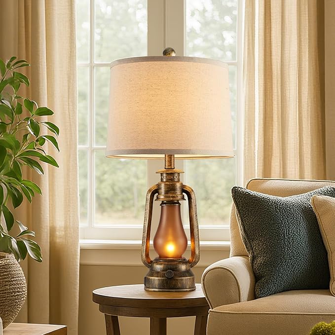 RORIANO 25" Set of 2 Rustic Lantern Table Lamps for Living Room Bedroom, 2 USB Ports Farmhouse Vintage Bedside Desk Lamp Nightlight for Entryway Office End Table, 4 Bulbs Included - Bloomnest