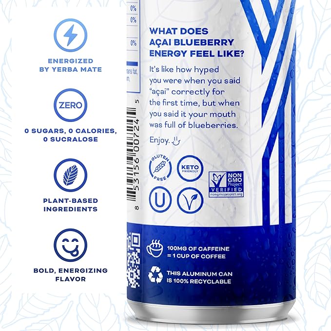 Yerbaé Energy Seltzer - Acai Blueberry, No Sugar/Calories/Carbs. Energized by Yerba Mate, Naturally Caffeinated, Plant-Based, Healthy Alternative to Coffee Sugary Sodas, Pack of 12, 12oz cans - Bloomnest