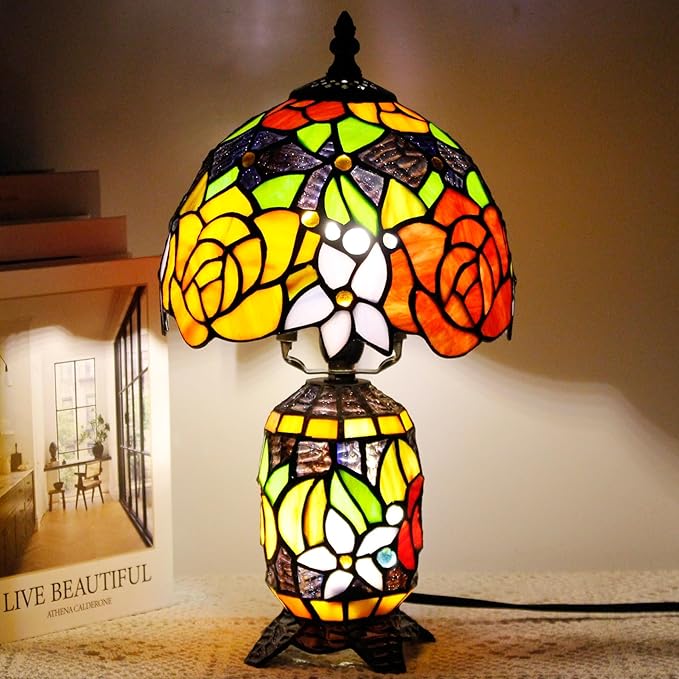 Small Tiffany Lamp Stained Glass Table Lamp Mini Mother Daughter Vase Desk Accent Night Light for Bedroom Bedside Reading Home Antique Style 8X14 Inches (Red Yellow) - Bloomnest
