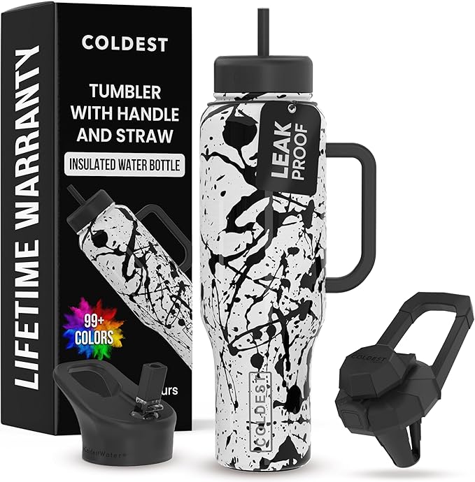 Coldest Tumbler with Handle and Straw - 100% Leak Proof Insulated Tumbler with Lid and Straw (3 Lids) - Stainless Steel Tumblers for Women & Men - Cup Holder Friendly Base, 46 oz (Dark Matter) - Bloomnest