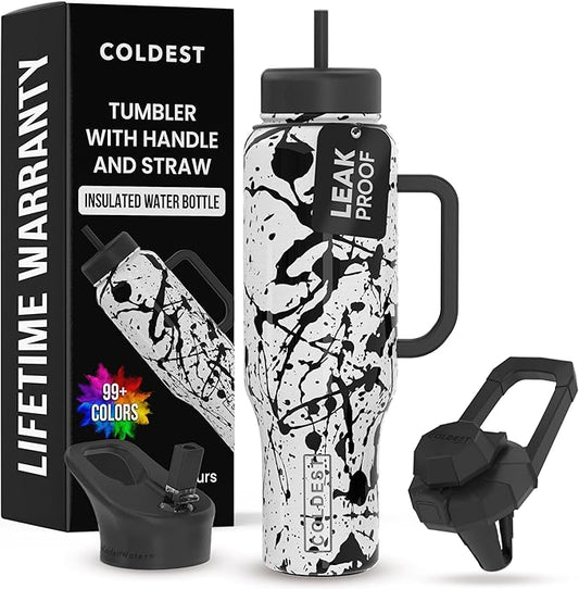 Coldest Tumbler with Handle and Straw - 100% Leak Proof Insulated Tumbler with Lid and Straw (3 Lids) - Stainless Steel Tumblers for Women & Men - Cup Holder Friendly Base, 46 oz (Dark Matter) - Bloomnest