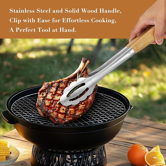 KULUNER Stainless Steel Barbecue Tongs with Solid Wood Handle, Kitchen Metal Locking Design, Extra Long 17.5 Inches 700 Degrees, Suitable for Food Cooking, Salad and Outdoor Grilling(Beechwood) - Bloomnest