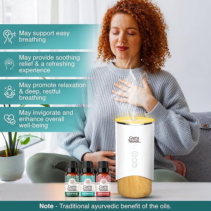 GuruNanda Breathe Essential Oil Set (Pack of 3 x 0.34 Fl Oz) - 100% Pure, Natural & Undiluted Diffuser Oils for Aromatherapy - Helps Support Clear Breathing - Suitable for Massages & DIY Recipes - Bloomnest