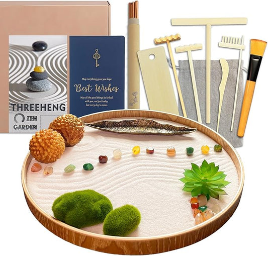 Japanese Zen Garden Kit for Desk, Bamboo Sand Garden Meditation Therapy Tray Gift Set, Mini Zen Décor Office Desktop Accessories - 2 Textured Spheres, Incense with Holder - Bloomnest