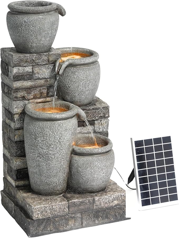 Teamson Home 30.7" 4-Tier Cascading Bowl Solar Powered Water Fountain for Outdoor Living Spaces, Gray - Bloomnest