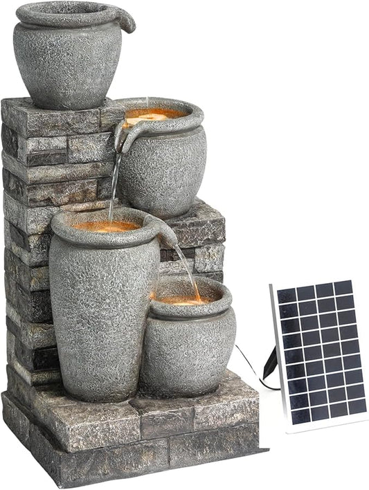 Teamson Home 30.7" 4-Tier Cascading Bowl Solar Powered Water Fountain for Outdoor Living Spaces, Gray - Bloomnest