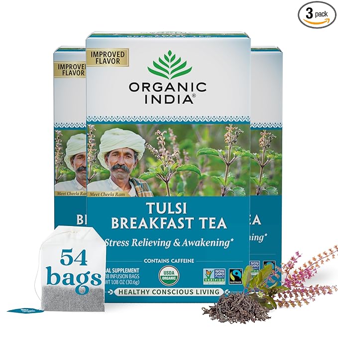 ORGANIC INDIA Tulsi Breakfast Herbal Tea - Black Tea, Holy Basil, Relieve Stress & Energize, USDA Organic, Non-GMO, Caffeinated - 18 Bags, 3 Pack - Bloomnest