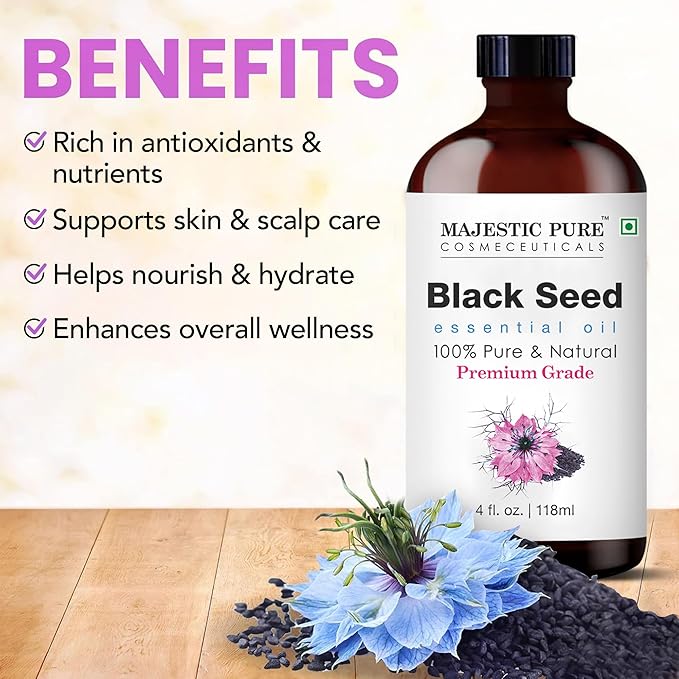 Majestic Pure Black Seed Essential Oil with Glass Dropper - Huge 4 Fl Oz - 100% Pure and Natural Black Pepper Oil - Premium Grade Essential Oils for Diffuser, Aromatherapy, Soap and Candle Making - Bloomnest