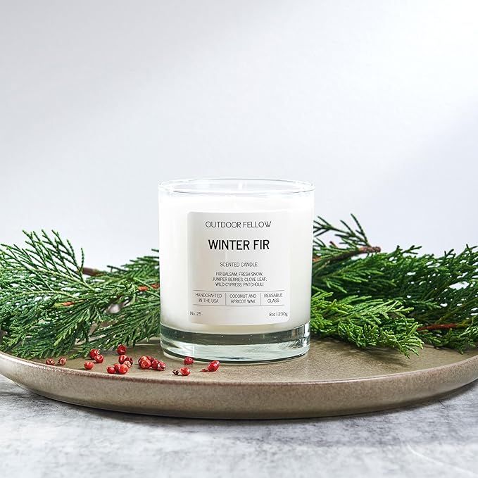 Outdoor Fellow Winter Fir Candle | Luxury Scented Candle with Coconut & Apricot Wax Blend | Fir, Juniper & Cypress Notes | 40+ Hour Burn Time | Cozy Fragrance for Home (8oz) - Bloomnest