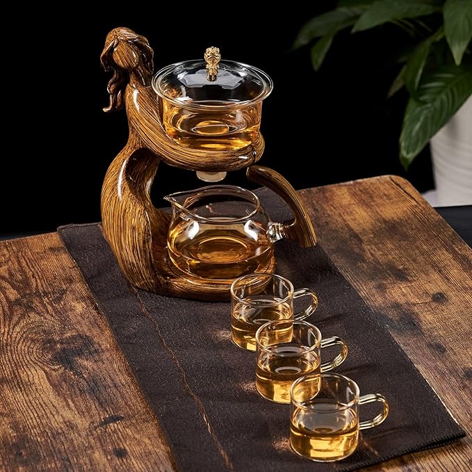 Glass Kungfu Teapot Set Tea maker with Infuser Semi Automatic Tea Set with 6 Small Cups (Brown) - Bloomnest