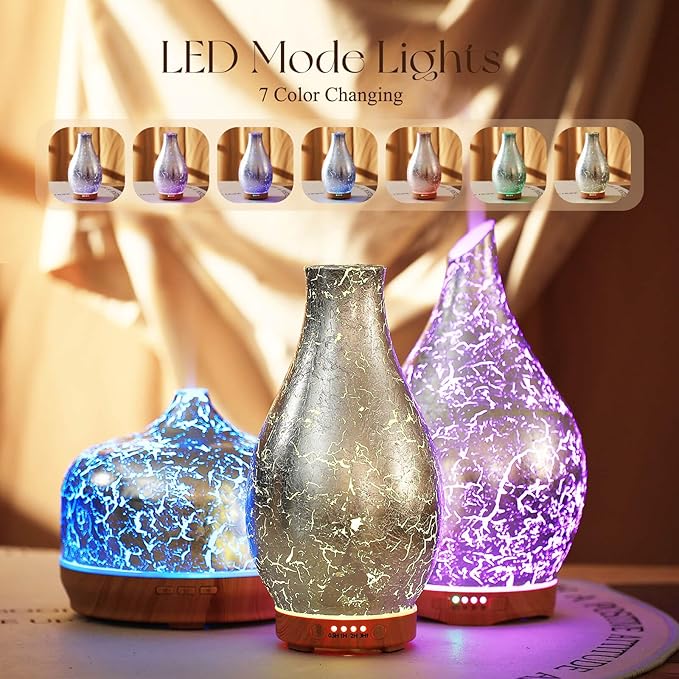 Porseme 100ml Silver-Plated Volcano Essential Oil Diffuser 3D Glass - Elegant and Effective Aromatherapy with 7 Color Changing LEDs and Waterless Auto-Off BPA Free for Home Yoga Leisure SPA Gift Porseme