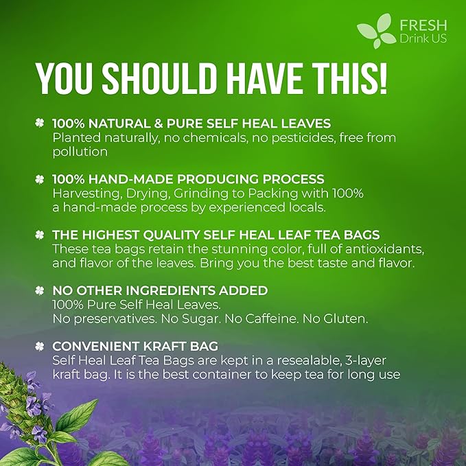 FreshDrinkUS, Premium Self Heal Leaves Tea | 75 Tea Bags | Premium Dried Self Heal Herb for Herbal Tea – Naturally Caffeine-Free, Clean & Convenient Tea Bags. Sugar-Free. Vegan - Bloomnest