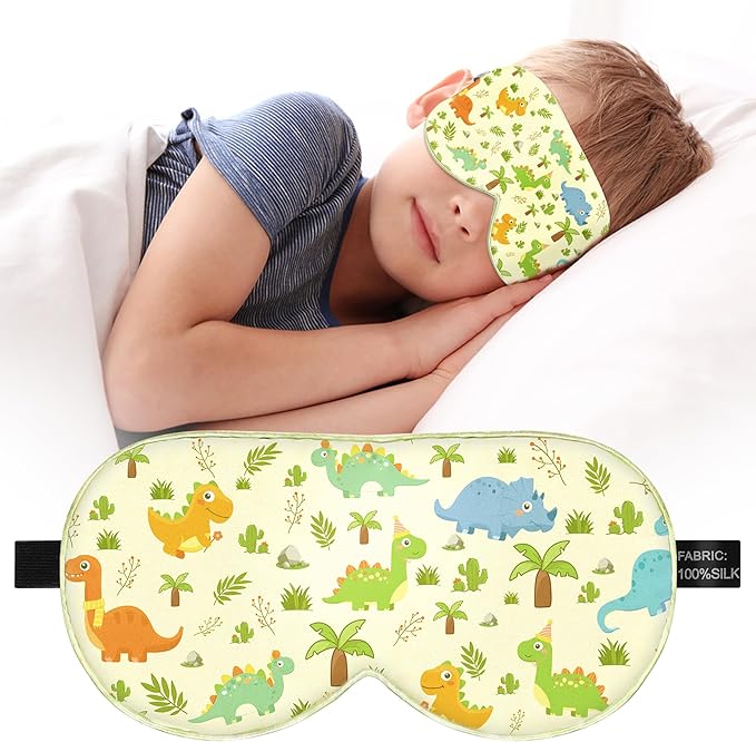 Kids Sleep Mask Eye Cover: 100% Real Natural Pure Silk Eye Mask with Adjustable Strap, Funny Blindfold Kids Eye Mask for Sleeping, Soft & Lightweight Eye Shade for Boys Girls Teens (Dinosaur Style) - Bloomnest