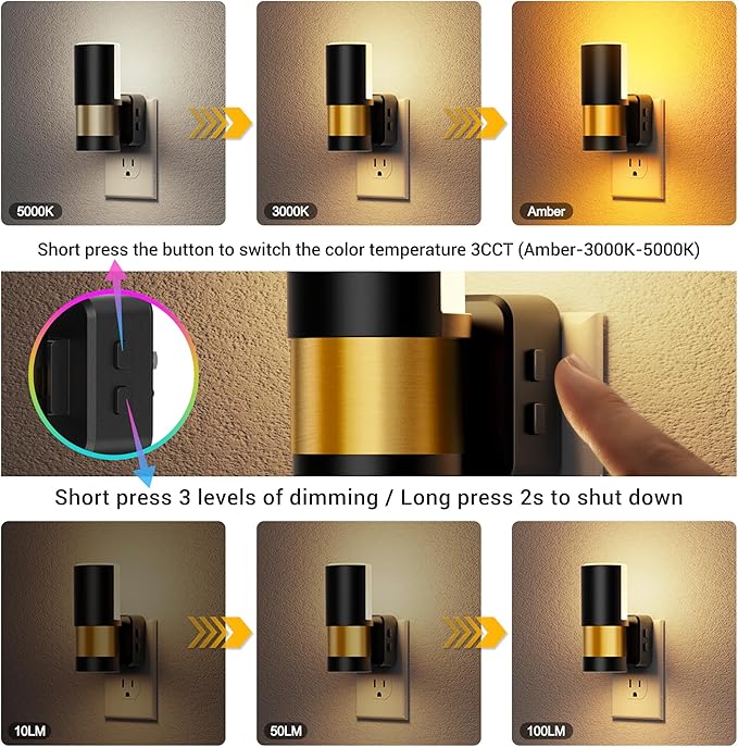 JandCase Plug in Night Light, Rotating Night Light with 3 Colors, 3000K/5000K/Amber, Dimmable Night Lights with Dusk to Dawn Sensor, 360°Rotatable, LED Nightlight for Bathroom Bedroom Hallway, 2 Pack - Bloomnest