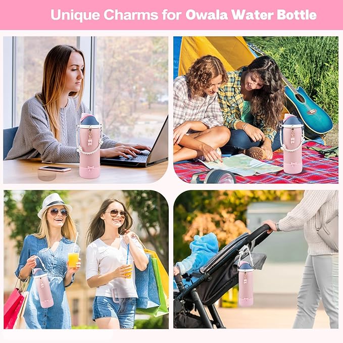 Water Bottle Accessories Set for Owala FreeSip 24oz、32 oz– Includes Pearl Handle Strap, Bow Charms,2.9in .3inch Silicone Bling Boot for Owala Accessories for Women Bloomnest