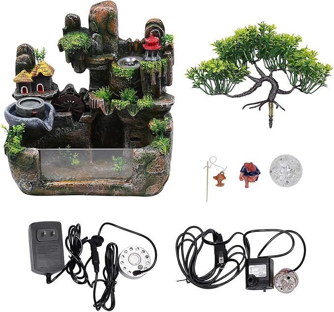 Waterfountain Indoors Rockery Fountain Goldfish Waterfall Desktop 12LED Decorat Tabletop Rockery Fountai Atomizing Humidifier Small Waterfall for Home Office Bedroom Relaxation US Plug 110V
