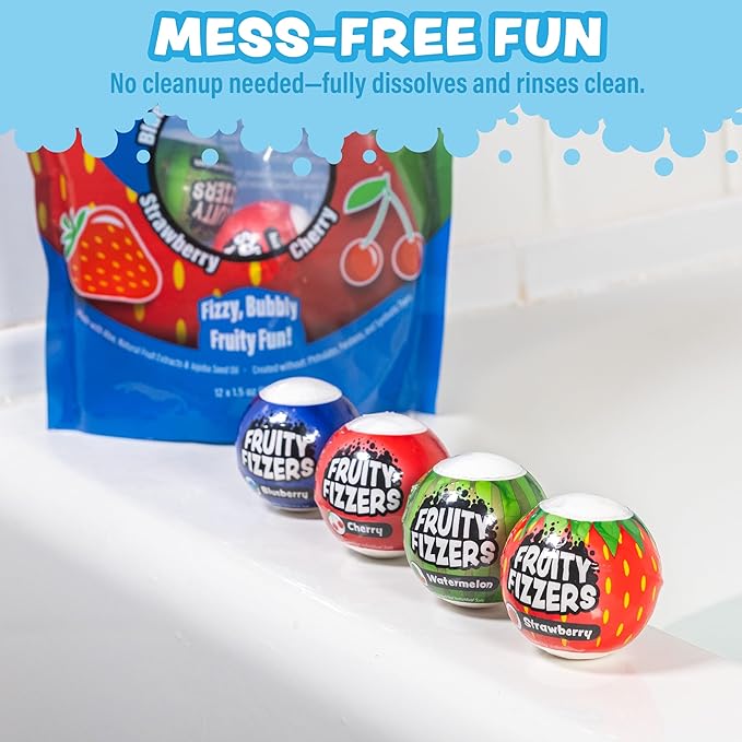 Tub Works® Fruity Fizzers™ Bubbling Bath Bombs for Kids, Variety 12 Pack | Dye-Free & Naturally-Derived | Gentle Kids Bath Bombs for Fizzy, Fruity, Bubbly Fun | Toddler BathBombs with Fruit Extracts