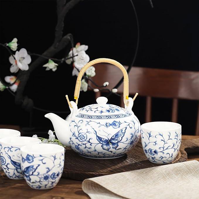 fanquare Chinese Blue and White Porcelain Tea Set with 1 Teapot Set, 6 Tea Cups, Butterfly Pattern Asian Japanese Tea Sets for Adults - Bloomnest