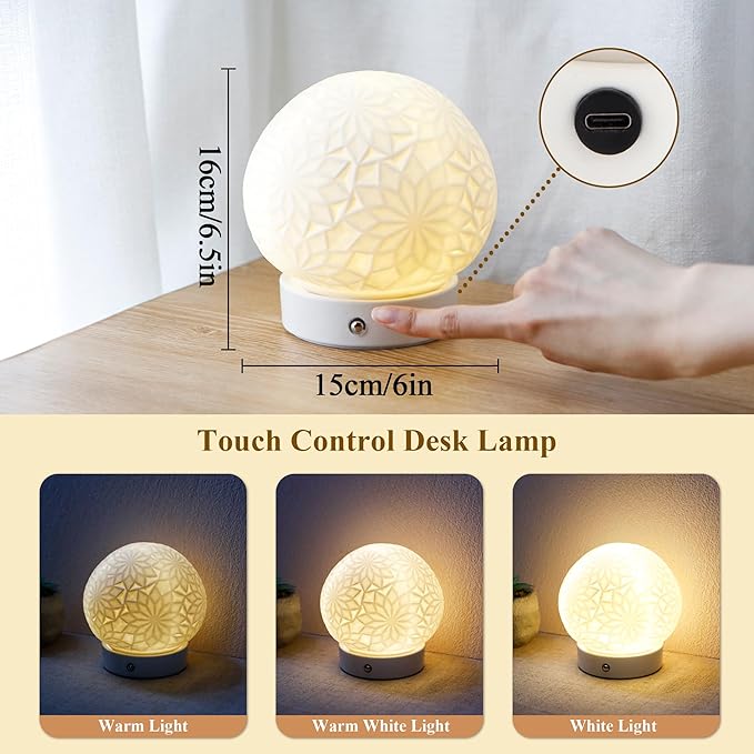 JHY DESIGN Ceramic Spherical Decorative lamp 6.5" H Rechargeable Table Lamp Dimmable Touch Control Desk lamp for Home Bedroom Living Room Outdoors(Snowflake) - Bloomnest
