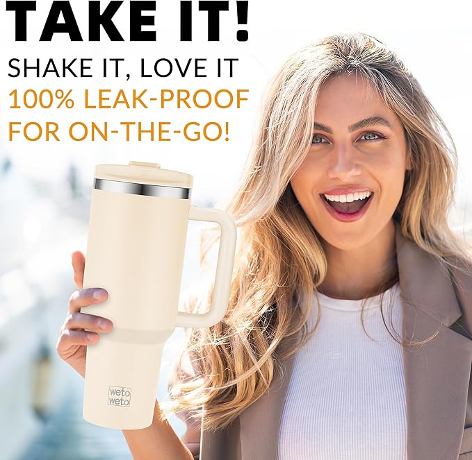 WETOWETO 40oz Tumbler with Handle | Insulated Stainless Steel Travel Mug | 34Hrs Cold & 10Hrs Hot Retention | 100% Leakproof Lid & Straw | Dishwasher Safe + Car Cup Holder Fit (Cream Color) - Bloomnest
