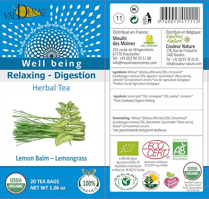 VALDENA BIO Organic Flavored Lemon Balm and Lemongrass, Pack of 3-20 Individually Wrapped Tea Bags in Each Pack - 60 Tea Bags in Total - Bloomnest