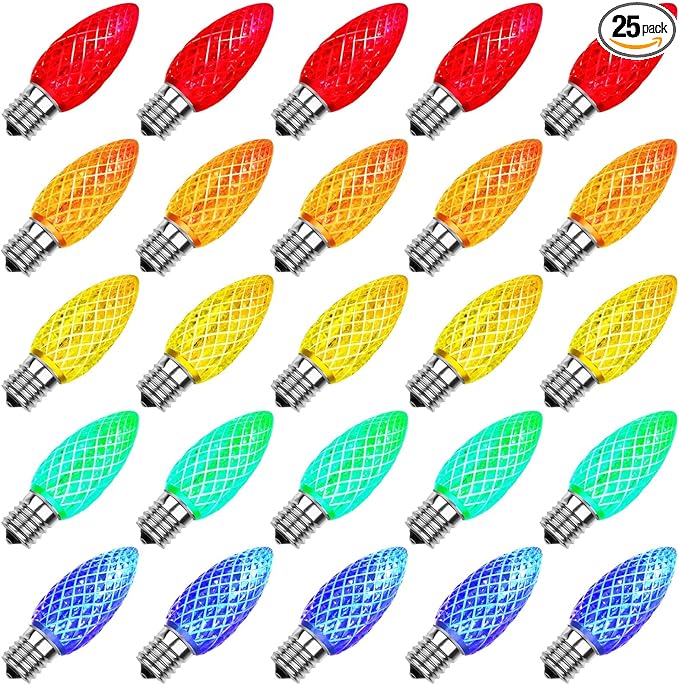 Meconard C9 Led Replacement Christmas Light Bulbs, C9 Shatterproof Led Bulbs for Christmas Indoor Outdoor String Lights, E17 Intermediate Base, Commercial Grade Holiday Bulbs, Multi-Color, 25Pack - Bloomnest