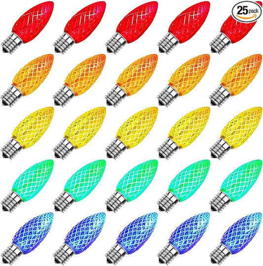 Meconard C9 Led Replacement Christmas Light Bulbs, C9 Shatterproof Led Bulbs for Christmas Indoor Outdoor String Lights, E17 Intermediate Base, Commercial Grade Holiday Bulbs, Multi-Color, 25Pack - Bloomnest