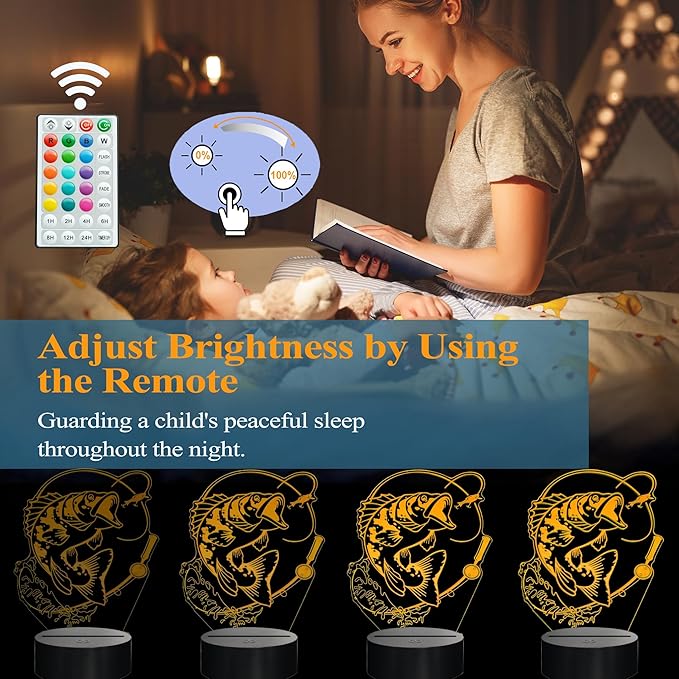 Fish Night Light, Fish 3D Illusion Lamp, Go Fishing Man Gifts with 16 Colors Changing, Timer, 4 Flash Modes and Dimmable, Kids Room Decoration, Xmas Fishing Gifts - Bloomnest