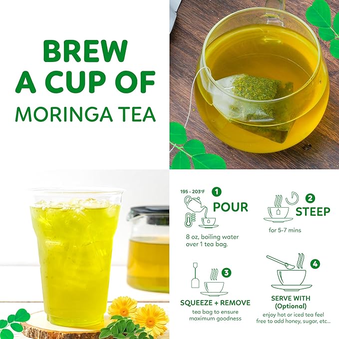 Indochine Blends Moringa Tea Bags | Moringa Leaf, Red Rice, Chrysanthemum & Stevia | Sugar-Free, Caffeine-Free Herbal Tea | Double Chamber, Individually Wrapped Bag | 3.5 oz | 50 Tea Bags - Bloomnest