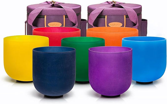 TOPFUND Chakra Set of 7 Color Crystal Singing Bowls 6-10 inch with Heavy Duty Carrying Cases and Singing Bowl Mallets - Bloomnest