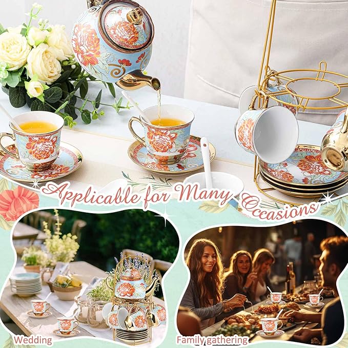 Zhehao 20 Pcs Porcelain Tea Set with Metal Holder and Spoon Adult Ceramic Tea Set European Flower Painting Teapot Cup Saucer Spoon for Women, Large Version(Retro Style) - Bloomnest