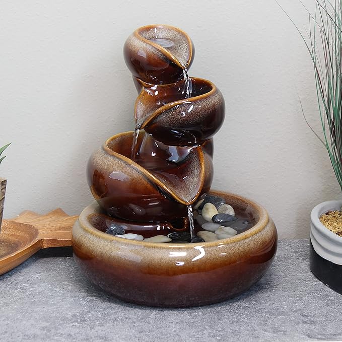 Sunnydaze Tiered Vessels Ceramic Tabletop Water Fountain - Relaxing Indoor Fountain for Office, Bedroom, or Living Room - Brown