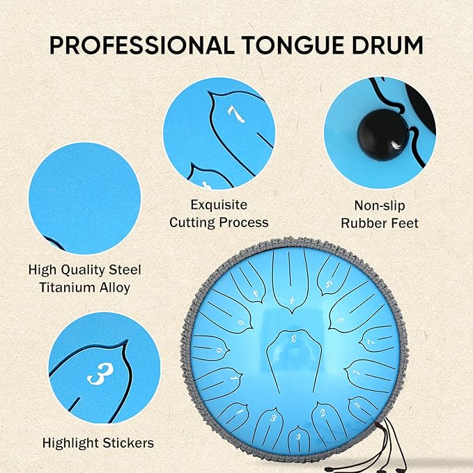 Steel Tongue Drum 12 Inch 15 Notes: Handpan Drums Set with Music Book Mallets Carry Bag - Hand Pan Instrument for Adults Musical Education Meditation Yoga Chakra (Blue)